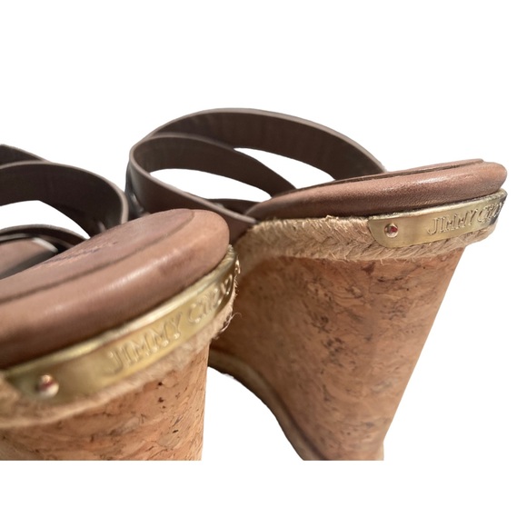 JIMMY CHOO | Brown Strappy Cork Leather & Raffia Wedge Sandals NIB Spain Sz 7.5 - Picture 7 of 15
